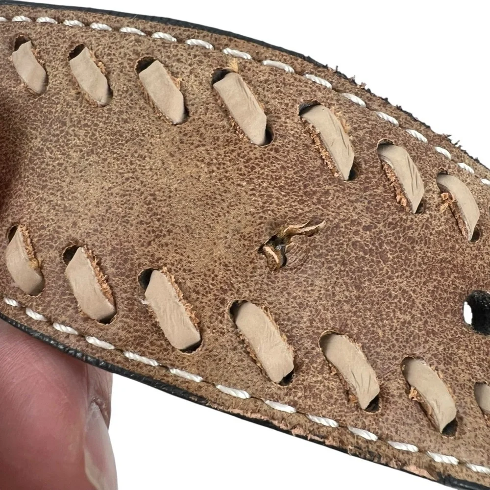 Leather Western Style Belt with woven stitch edging detail Silver Hardware small